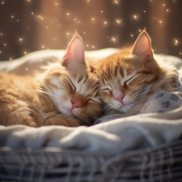Photo il y a deux chats qui dorment ensemble dans un panier sur un lit.