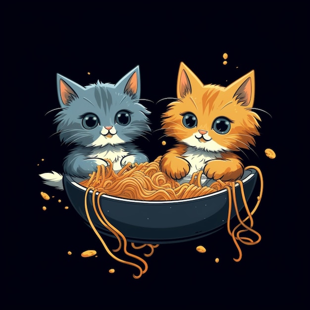 Il y a deux chats qui sont assis dans un bol de spaghettis génératifs ai