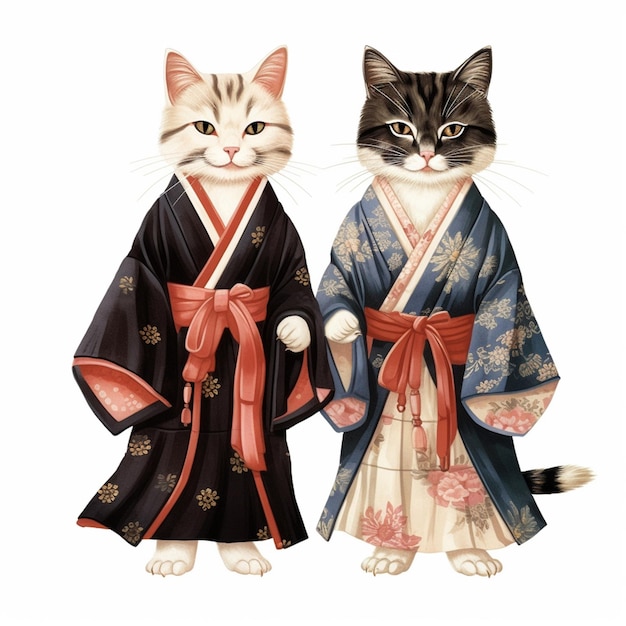 Il y a deux chats vêtus de robes de kimono debout l'un à côté de l'autre.