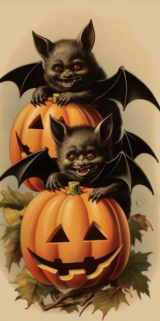 Photo il y a deux chauves-souris assises sur deux citrouilles.