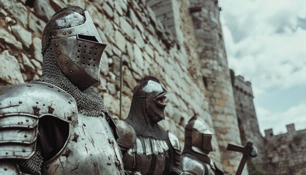 Photo il y a deux chevaliers en armure debout à côté d'un mur de pierre.