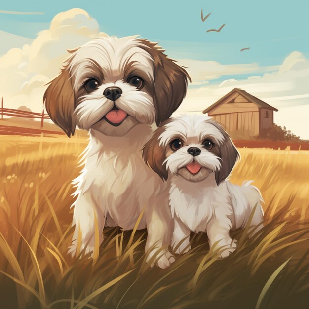 Il y a deux chiens assis dans l'herbe près d'une grange.