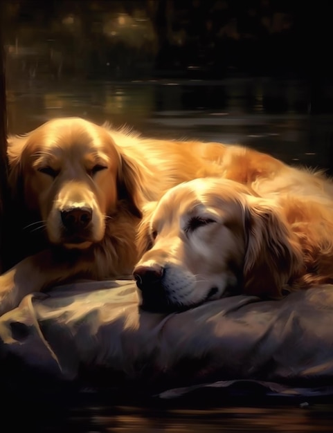 Il y a deux chiens qui s'allongent ensemble sur un oreiller générative ai