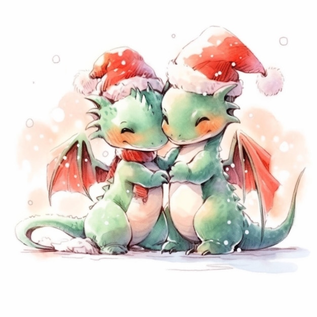 Il y a deux dragons qui s'embrassent dans la neige.