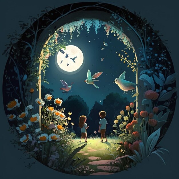 Photo il y a deux enfants debout dans un jardin regardant la lune ai générative