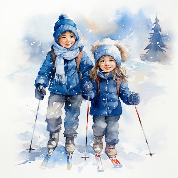 Il y a deux enfants qui font du ski dans la neige.