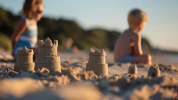 Il y a deux enfants qui jouent dans le sable avec un château de sable génératif ai