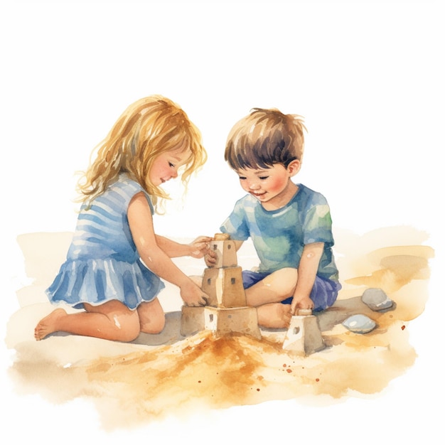 Il y a deux enfants qui jouent avec du sable sur la plage ai générative