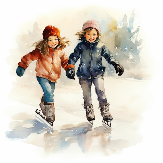 Il y a deux enfants qui patinent sur la glace.