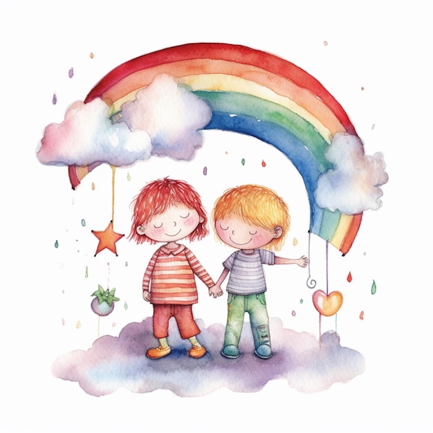 il y a deux enfants se tenant la main sous un arc-en-ciel et des nuages ai génératif