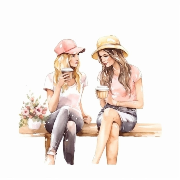 Il y a deux femmes assises sur un banc avec du café et un téléphone portable.