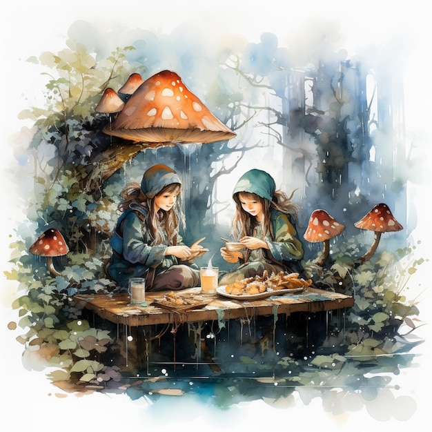 il y a deux femmes assises à une table avec de la nourriture et des champignons ai génératif