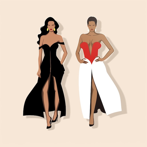 Il y a deux femmes en robes qui se tiennent l'une à côté de l'autre.