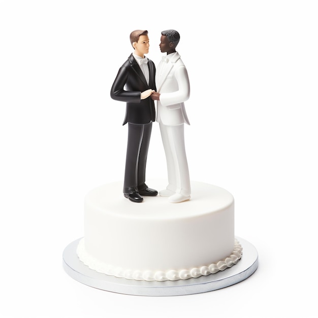 Il y a deux figurines de deux hommes en costume sur un gâteau.