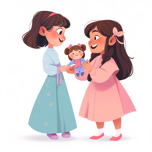 Il y a deux filles qui tiennent une poupée ensemble.