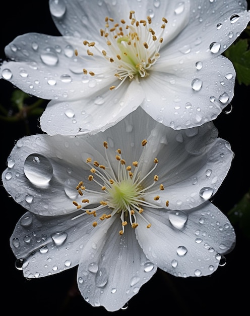 il y a deux fleurs blanches avec des gouttelettes d'eau dessus ai générative