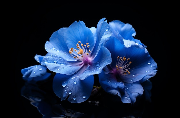 il y a deux fleurs bleues avec des gouttelettes d'eau dessus IA générative