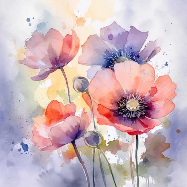 Il y a deux fleurs qui sont peintes sur un papier aquarelle ai génératif