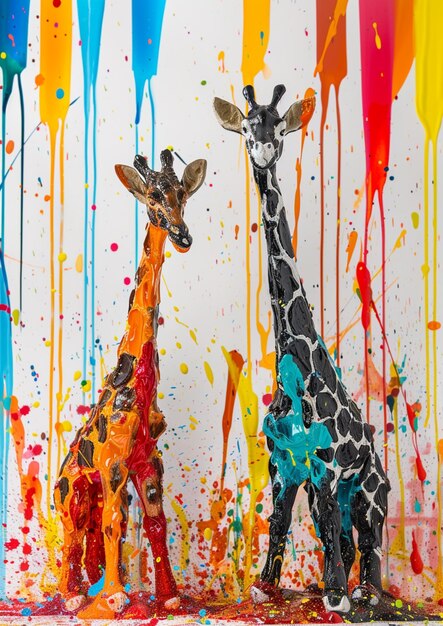 il y a deux girafes debout l'une à côté de l'autre devant une peinture générative ai