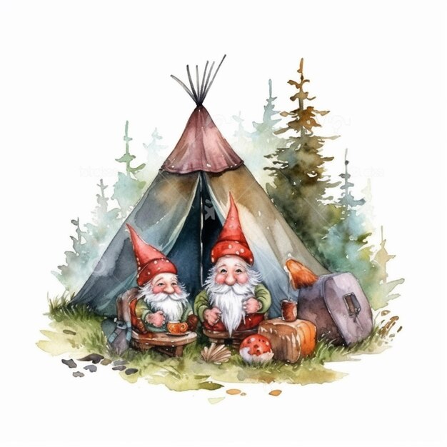 Photo il y a deux gnomes assis à l'extérieur d'une tente dans les bois.