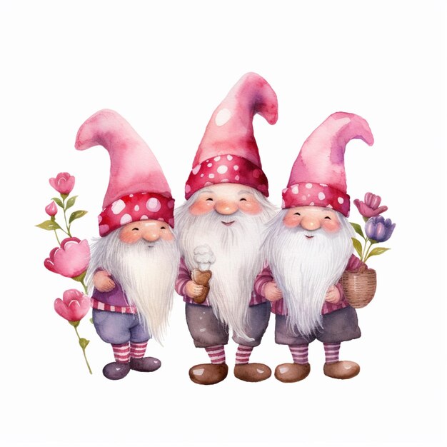 Il y a deux gnomes avec des chapeaux roses et des fleurs roses ai génératives