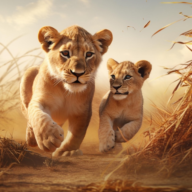 Il y a deux jeunes lions qui courent ensemble dans le sable.
