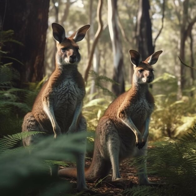 Il y a deux kangourous qui se tiennent ensemble dans les bois.