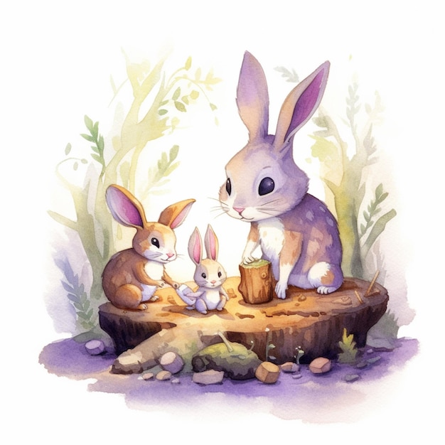 il y a deux lapins assis sur une souche d'arbre avec un panier ai génératif