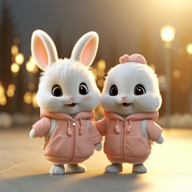 il y a deux lapins blancs en vestes roses debout l'un à côté de l'autre IA générative