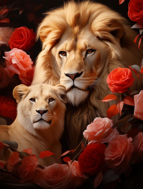 Photo il y a deux lions qui sont allongés ensemble dans les fleurs générative ai