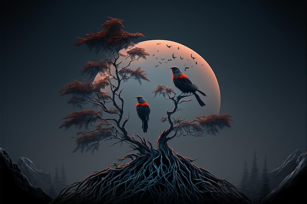 Il y a deux oiseaux assis sur un arbre au milieu de la nuit ai générative