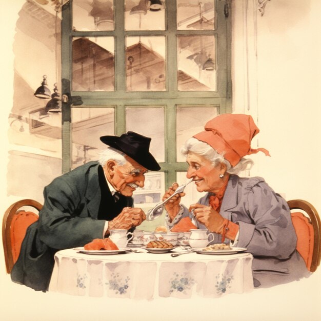 Photo il y a deux personnes âgées assises à une table qui mangent de l'ai génératif.