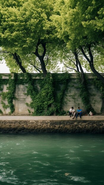 Il y a deux personnes assises sur un banc près de l'eau génératrice ai