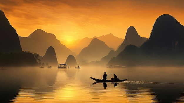 Photo il y a deux personnes dans un bateau sur l'eau au coucher du soleil.