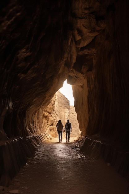 Il y a deux personnes marchant dans un tunnel dans le désert ai générative