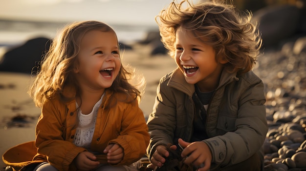 il y a deux petites filles assises sur la plage qui rient Generative AI