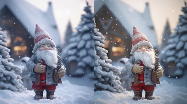 il y a deux photos d'un gnome dans la neige avec un sac à dos ai génératif