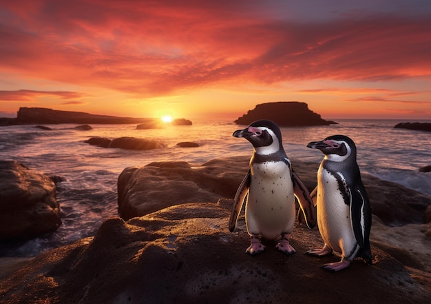 il y a deux pingouins debout sur un rocher près de l'océan ai génératif