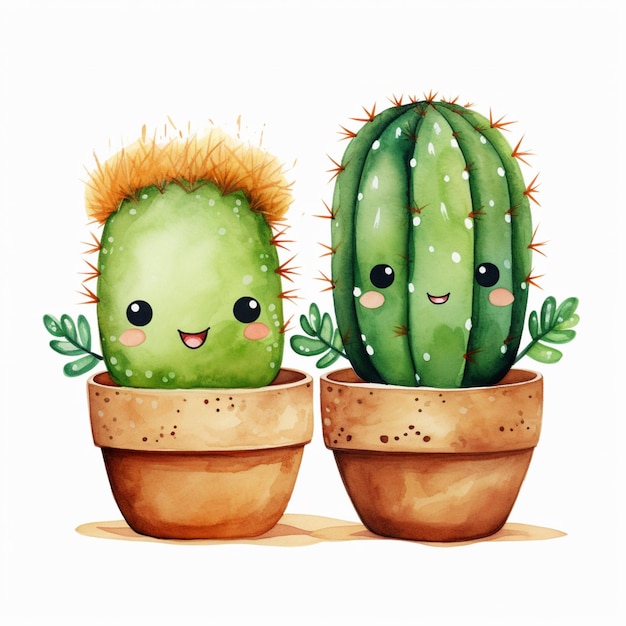il y a deux plantes de cactus avec des visages dessus dans des pots ai génératif