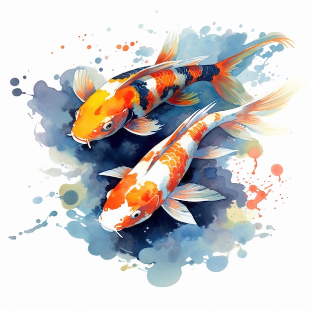 Il y a deux poissons koi qui nagent dans un étang d'eau.