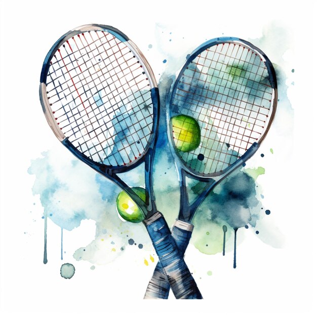 Il y a deux raquettes de tennis avec des balles sur elles sur un fond d'aquarelle génératif ai