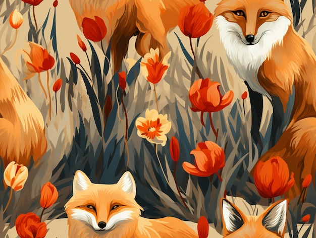 Il y a deux renards dans un champ de fleurs avec des tulipes ai génératives