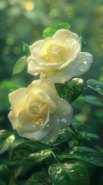Il y a deux roses jaunes avec des gouttes d'eau dessus.