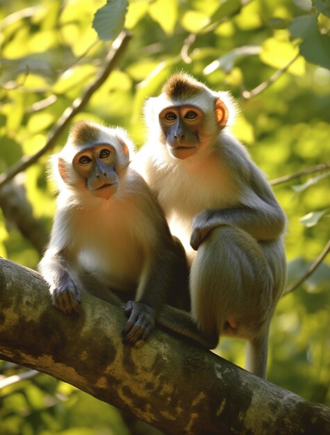 Photo il y a deux singes assis ensemble sur une branche d'arbre.