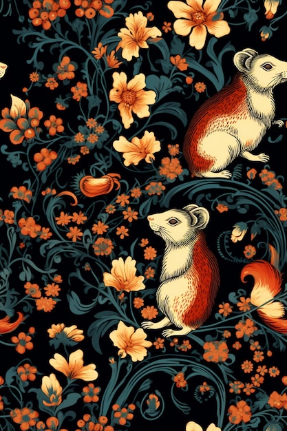 Il y a deux souris assises sur un motif floral avec des fleurs orange générative ai