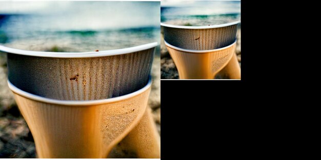 Photo il y a deux tasses de café assises sur le sol près du générateur d'eau.