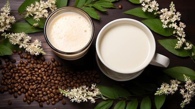 Il y a deux tasses de café et des grains de café sur une table.