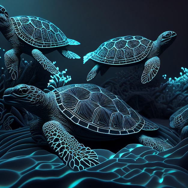 Il y a deux tortues dans l'eau avec des lumières bleues ai génératives