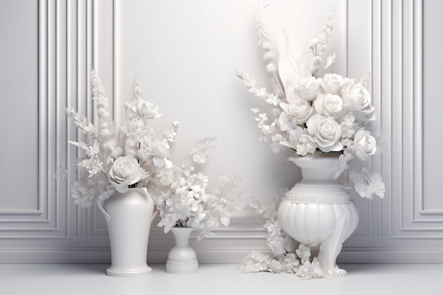 Il y a deux vases avec des fleurs sur une table blanche.