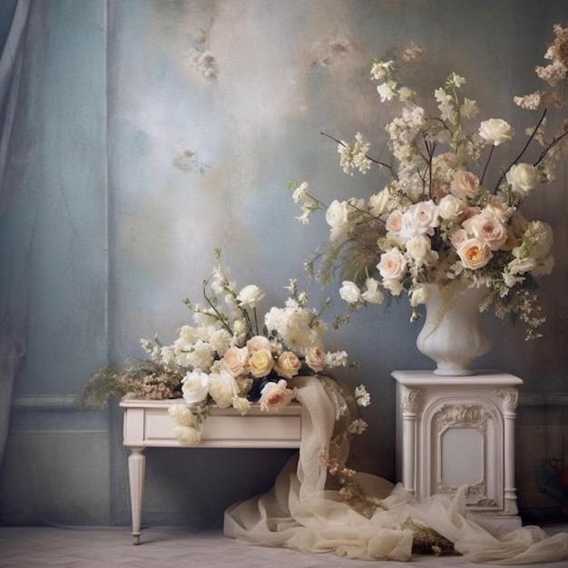 il y a deux vases avec des fleurs sur une table devant un mur ai génératif